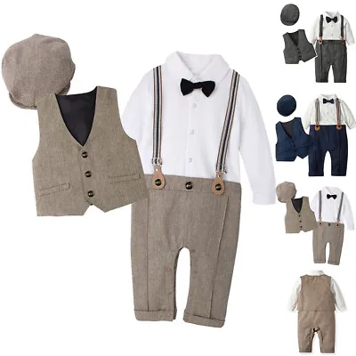 3PCS Baby Boy Gentleman Outfit Bowtie Jumpsuit Vest Hat Wedding Clothes Suit Set • £3.59