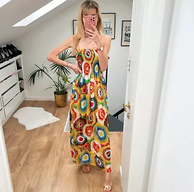 Red Yellow Print Flowy Loose Long Maxi Summer Dress S M L Holiday Beach Spring • £19.99