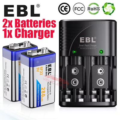 2x EBL 280mAh 9 Volt Rechargeable Batteries 9V 6F22 Ni-MH + Wall Battery Charger • $13.99