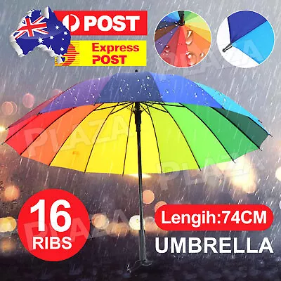 16 Ribs Large Rainbow Umbrella Fashion Long Handle Straight Anti UV Sun Rain AU • $14.85