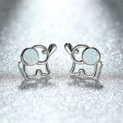 Women's Silver Charm White Crystalcute Hollow Elephant Small Stud Earrings • $0.04