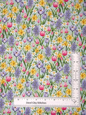 Easter Flowers Fabric Daffodil Tulip Hoppy Hunting Cotton By Henry Glass Yard • $11.49