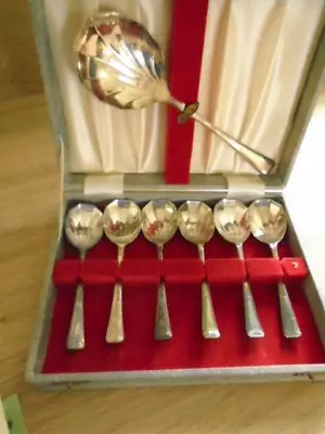 Vintage Silver Plated Desert Spoon Set With Server By James Ryals Sheffield • £17.50