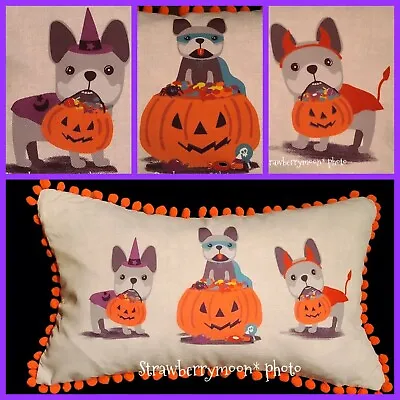 $38 • Buy Halloween 20  French Bulldog Frenchie Lumbar Throw Pillow W/ PomPoms NEW 