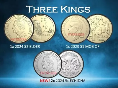 3 KINGS 🔥 2024 5c 5 Cent $2 & 2023 $1 🔥 4 UNC COINS WITH KING CHARLES KC III • $23.99