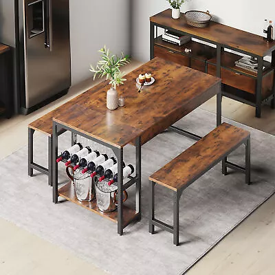 63  3 Piece Dining Table Set For 4 Home Kitchen Breakfast Dinette With 2 Benches • $165.99