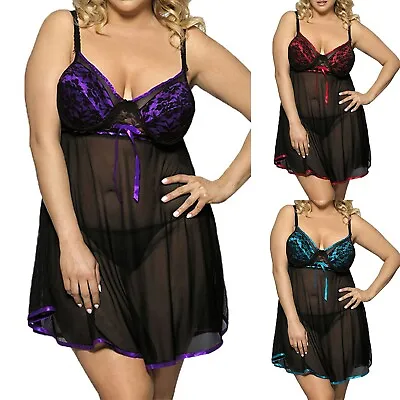 Lace Trim Negligee Plus Size Women's Sheer Mesh Sleepwear Lingerie Set • £9.86