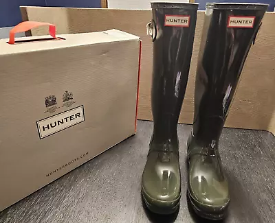 NEW Hunter Original Tall Gloss Women's Rain Boots Dark Olive SZ US W7 EU38 - NIB • $64.95