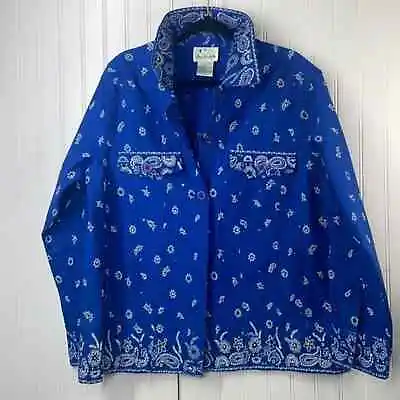 The Quaker Factory Blue Paisley Bandana Long Sleeve Button Down Jacket Size L • $35