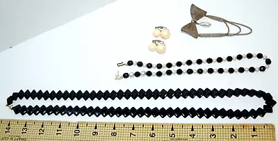 Vintage Costume Jewelry Lot Trifari Black Bead Necklace Faux Pearl Clip Earrings • $19.95