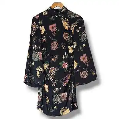 NWT Zara Kimono Style Satin Shanghai Long Sleeve Floral Mini Dress Rhinestone: S • $36