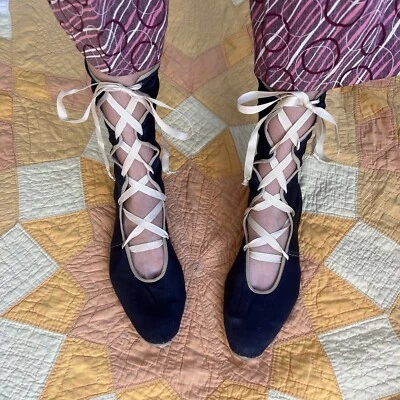 $550 • Buy Antique Edwardian Navy Blue Satin Lace Up Bathing Shoes Athletic Sportswear VTG