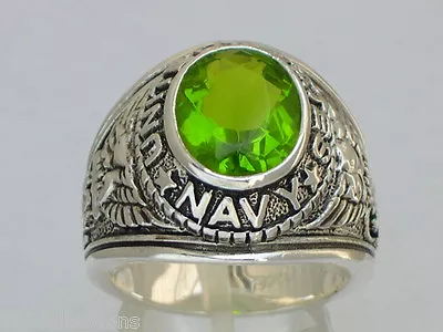 925 Sterling Silver August Peridot Stone US Military Navy Men Ring Size 8-14 • £125.46