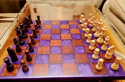 Elegant Mahogany Chess Board With Metallic Purple Epoxy - 15 3/4 X 15 3/4 Inches • $200