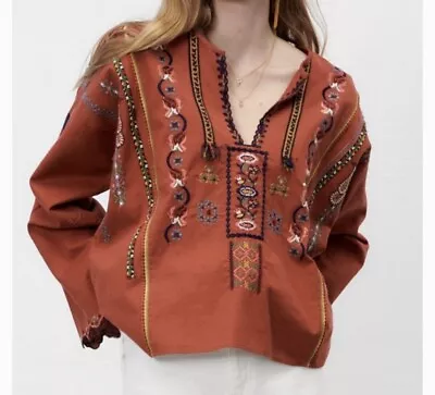 Zara Embroidered Cotton Blend Oversized Shirt Top Brick Size L • $30