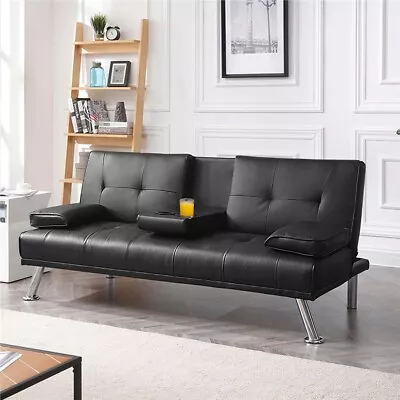 Modern Faux Leather Futon Sofa Bed Fold Up & Down Recliner Couch With Cup Holder • $219.99