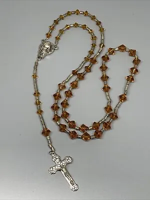 Vintage Rosary Citrine Glass Beads Italy Catholic Jesus Virgin Mary Crucifix • $29.99