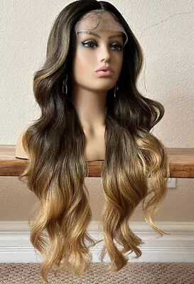 Honey Blonde Ombré Wig Wavy Layered Lace Front Middle Part 26 Inch Long Heat Ok • $58