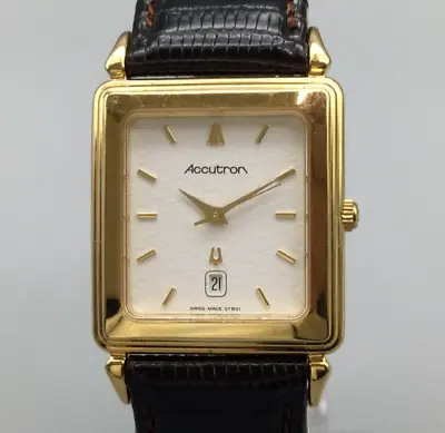 Vintage Acutron By Bulova Watch Men 28mm Gold Tone Tank Date 27B01 New Battery • $254.99