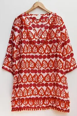 KATE SPADE Red Leaf Print Linen-Silk Blend Cover-Up Kaftan Tunic Dress Sz M • $80