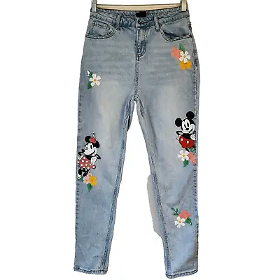 Disney Mickey Minnie Mouse Screened Floral Mom Denim Blue Jeans Size 5 • $36