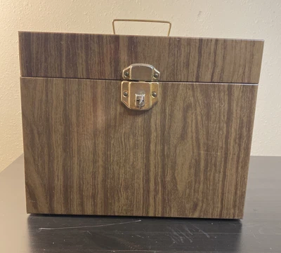 $18.99 • Buy Vtg MCM Brown Ballonoff Porta File Metal Tin Box Case Woodgrain With Key