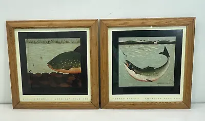 2 Framed Warren Kimble Folk Art Print Lake Trout Stream Fishing Scene 21.5x21.5 • $99