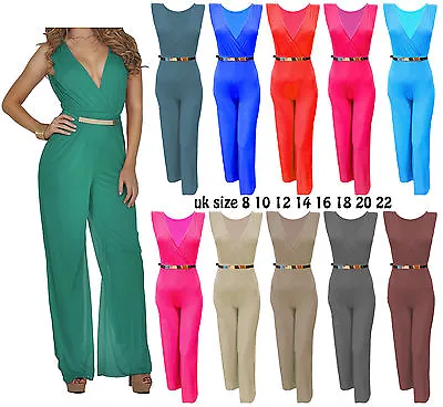 Women Belted Wide Leg Playsuit Bridesmaid Deep V Neck Wrap Over Palazzo Jumpsuit • £12.99