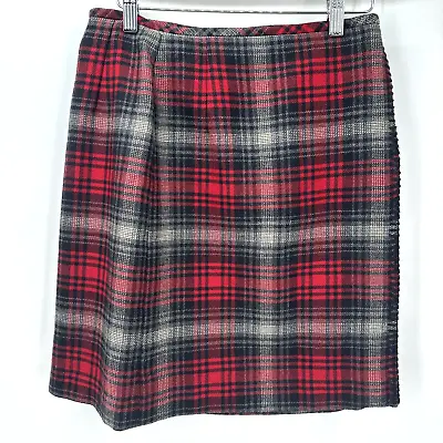 Eddie Bauer Wrap Skirt Womens 6 Tall Red Black Gray Plaid 100% Wool Vintage • $24.99