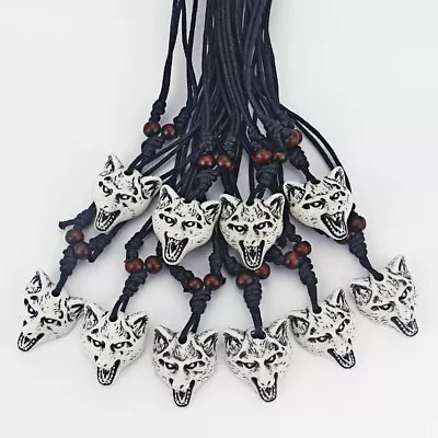 12Pcs Faux Yak Bone Wolf Head Spirit Pendant Necklace On Black Wax Cotton Cord • $11.99