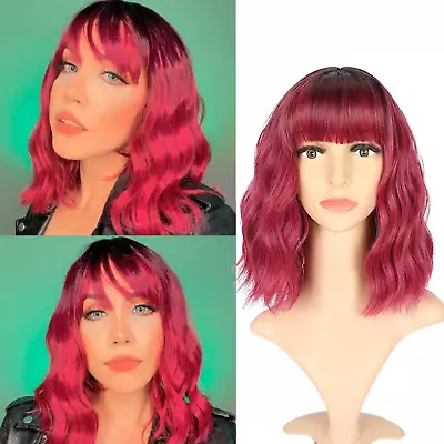 Ombre Natural Wavy Bob Wig With Air Bangs - 12  Black To WineRed • £14.99