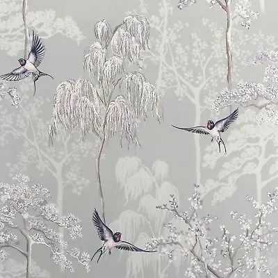 Arthouse Japanese Garden Grey Wallpaper - Hand Drawn Oriental Trees  - 908105 • £13.99