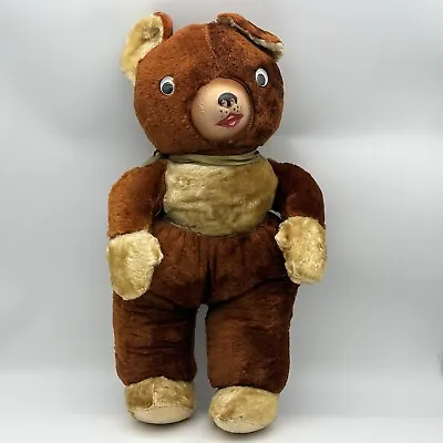 Vintage TEDDY BEAR With RUBBER NOSE FACE Brown & Yellow Plush. Eyes. 21” • $34.99