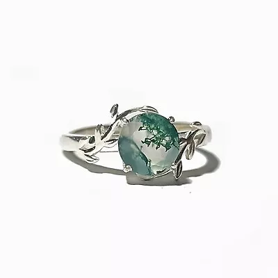 Round Moss Agate Ring 925 Sterling Silver Ring Leaf Ring Engagement Ring • $24.99