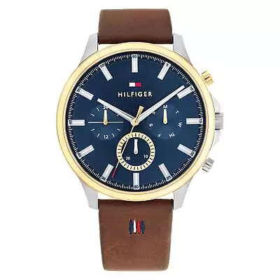 Tommy Hilfiger Brown Leather Navy Dial Multi-function Men's Watch - 1710496 • $246