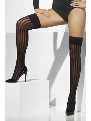 Black Stripe Hold Up Stockings Ladies Fancy Dress Burlesque Show / Saloon Girl • £10.02