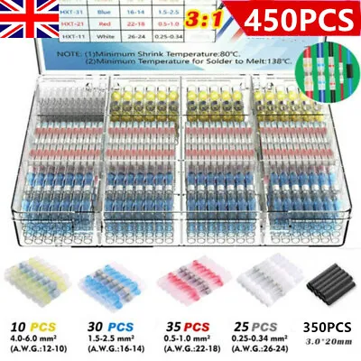 450Pc Waterproof Solder Seal Heat Shrink Wire Cable Connectors Crimps Butt Joint • £6.89