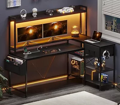 L Shaped Gaming Desk Computer Desk With Fabric Drawer & Monitor Stand Black • $149.89