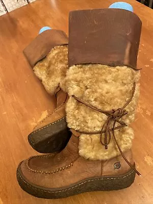 Vtg BORN Leather BOHO Moccasin Boots Shearling Fur Knee High Womens Size 6.5 • $48