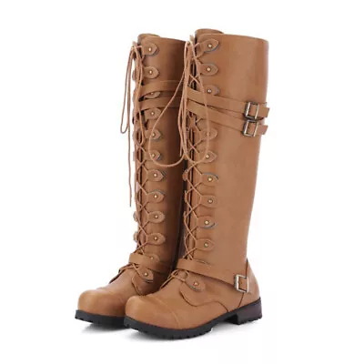 Womens Knee High Lace Up Buckle Fashion Military Combat Boots Riding PU-Leather • $47.28