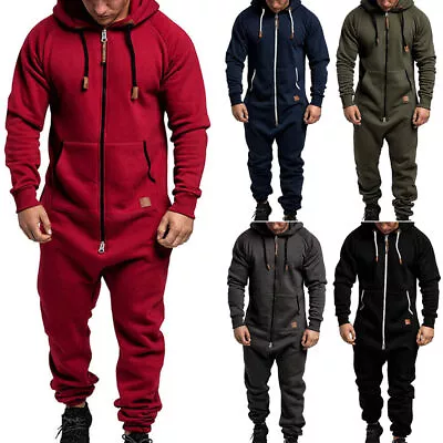 Mens Long Sleeve Hooded Playsuit All In One Zip 1Onesie Jumpsuit Casual Romper • £20.29