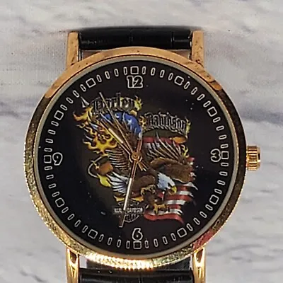 Harley Davidson Watch 38mm Bezel Eagle Flame Flag Leather Strap 7.75 New Battery • $50.99