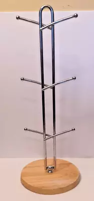 Chrome And Wood Coffee Mug Tree 6 Cup Display Rack • £9.45