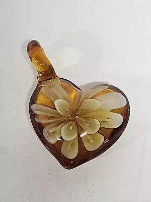 Amber Colored Glass Heart White Flower Inside Fashion Pendant Loop • $6