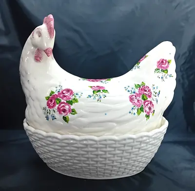 Ceramic Hen On Nest Egg Storage Basket Pink Roses 'Rosie' By Fairmont & Main • £39.99