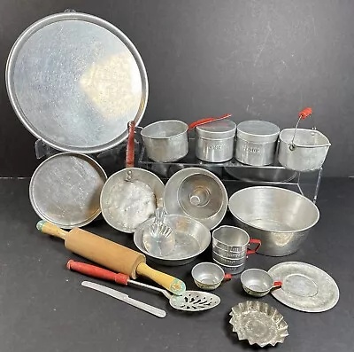 Vintage Aluminum Cooking Baking Pots & Pans 19 Piece Childrens Toys Set Red • $28.95