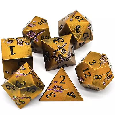 Gold & Purple Plum Blossom Solid Metal DND Dice Set Polyhedral Dungeons Dragons • $19.98