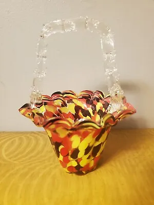 Vintage Czech Glass End Of Day Black Red & Yellow Basket With Thorn Handle • $45