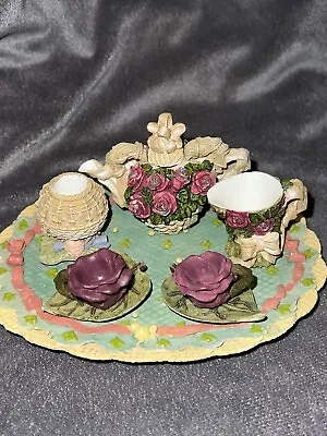 Beautiful Red Roses Miniature Resin Decorative Tea Set With Baskets Of Flowers • $15.70