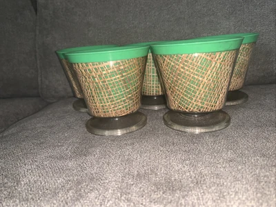 £19.46 • Buy Set Of 5 Vintage MCM Green Raffia Burlap Woven Straw Sherbet Serving Mugs Cups